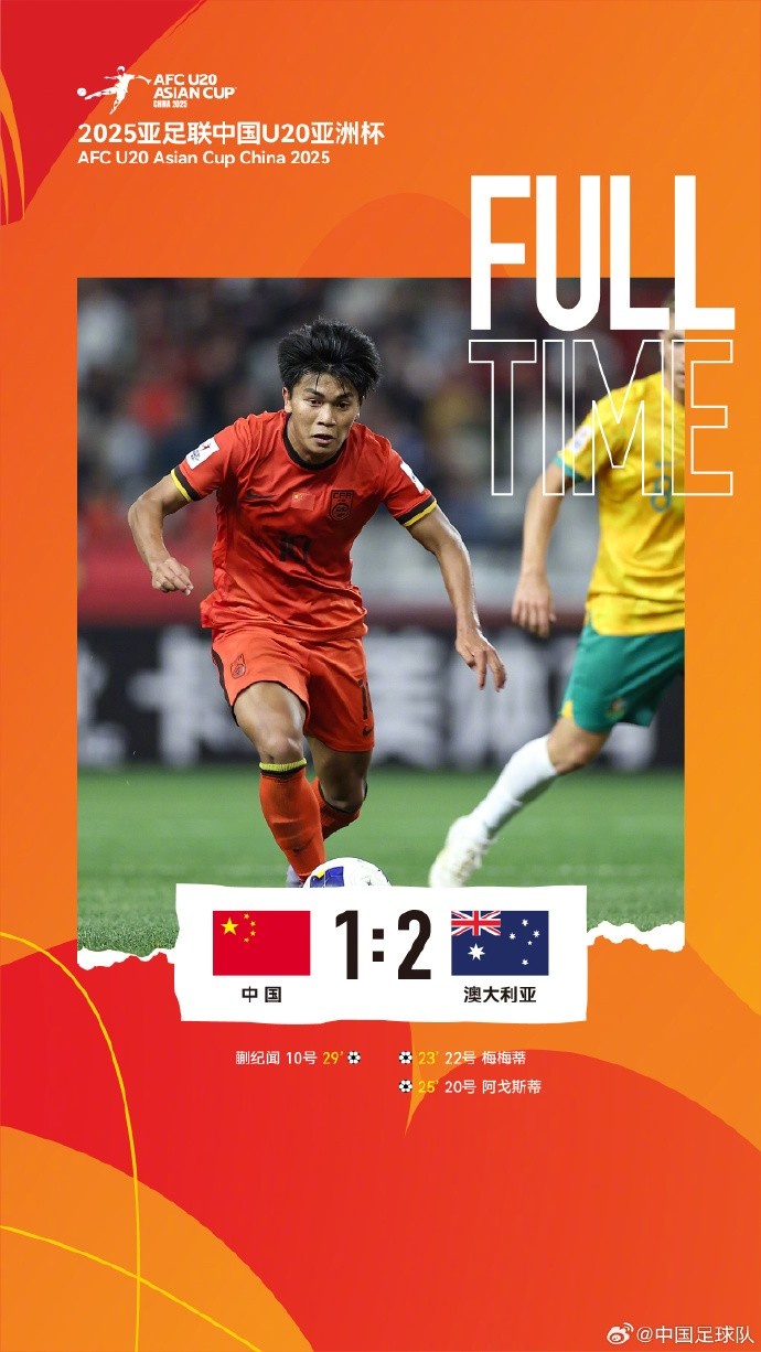  U20亞洲杯小組賽A組第三輪，中國隊(duì)1比2負(fù)于澳大利亞隊(duì)