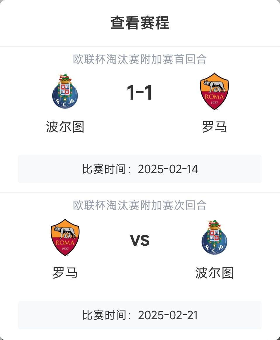  羅馬頂?shù)米幔恳饧讱W戰(zhàn)8隊3隊直通4隊出局，羅馬首回合1-1波爾圖