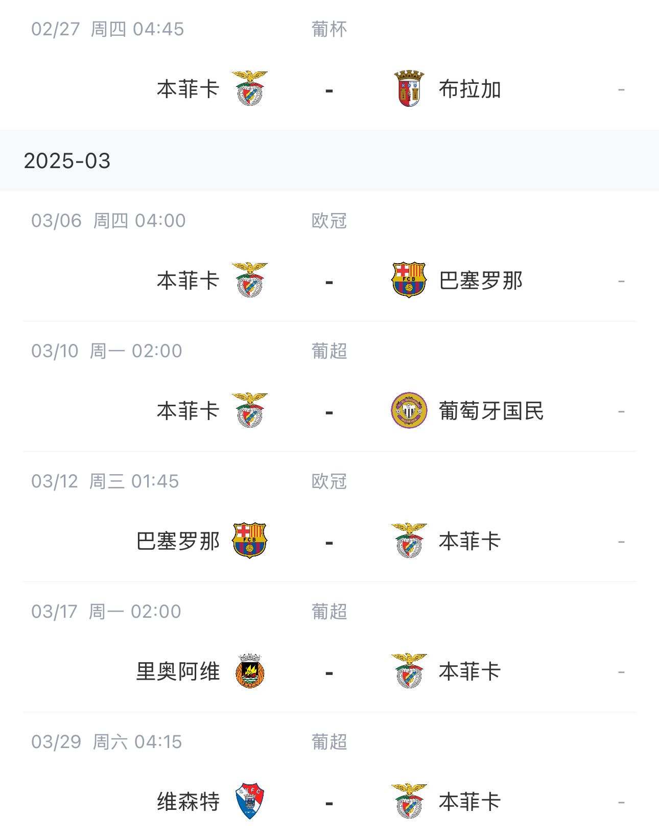  讓路歐冠！本菲卡戰(zhàn)巴薩首回合比賽前的葡超比賽推遲進(jìn)行